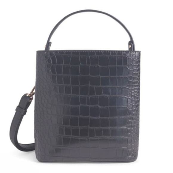 AOTA Elena Black Bucket Croc-Embossed Convertible Hand Crossbody Vegan Bag NEW - Picture 3 of 7